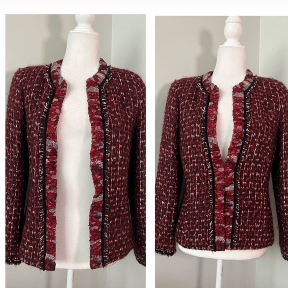 ZARA WOMAN Burgundy Red Tweed Floral Lined Silk Wool Jacket Blazer SZ Me…